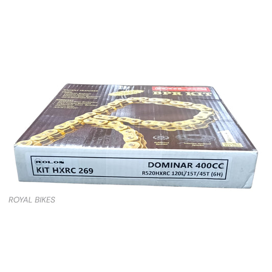Rolon HXRC 269 brass plated chain sprocket kit for Bajaj Dominar 400 R520HXRC 120L 15T 45T