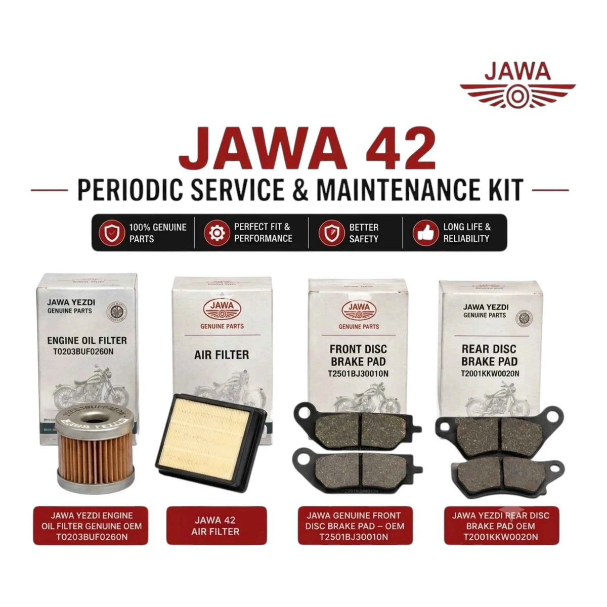Jawa 42 Complete Maintenance Kit – Oil Filter + Air Filter + Front & Rear Brake Pads